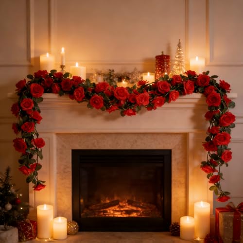 Artificial Flower Garland 90.5 Inch/230CM - Fake Roses Vines Floral Vines, Silk Faux Plastic Hanging Floral Garland for Wedding Arch, Bedroom, Home Wall, Backdrop, Outdoor & Indoor Decor (Red) - color: Red