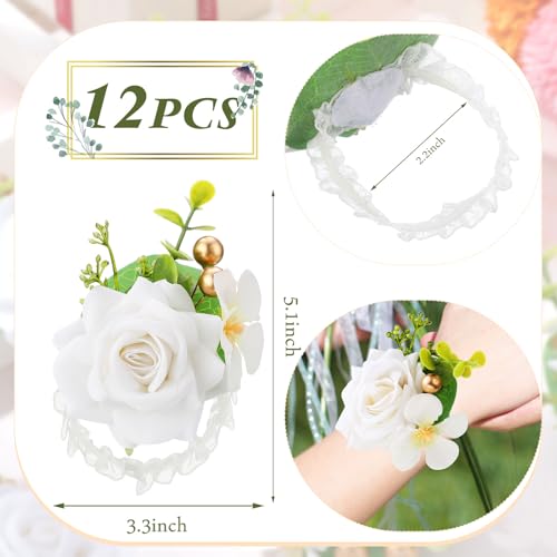 Sherr White Set of 12 Rose Wrist Corsages for Wedding Corsage Flower Wristlet Floral Wedding Wrist Bridal Rose Leaf Hand Flowers for Bride Bridesmaid Prom Engagement Festival - color: White