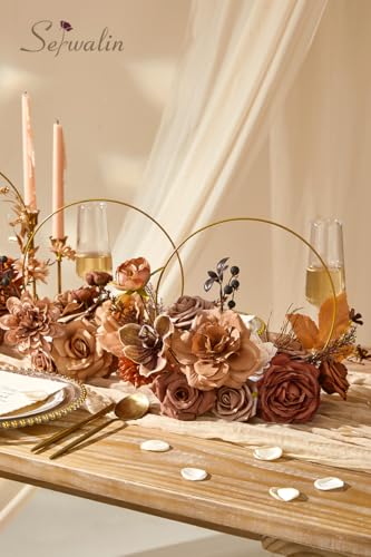 Serwalin Artificial Fall Flowers, Brown & Terracotta Silk Flowers with Stems, Fake Roses Flowers for Wedding Bouquets Bridal Baby Shower Party Craft Home Cake Decoration - color: A Brown Terracotta, size: 1 Box