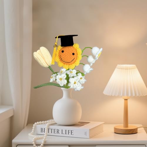 Graduation Gifts Sunflower Crochet Flowers Bouquet with Greeting Cards Handmade Knitted Artificial Flowers Home Decor - color: Flowers005