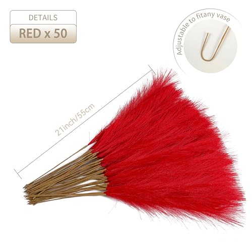 50pcs 22" Red Pampas Grass - Faux Pampas Grass Decor Pompas Floral Arrangement and Vase Filler for Boho Home Wedding Mothers Day Decoration - color: Red, size: 50pcs