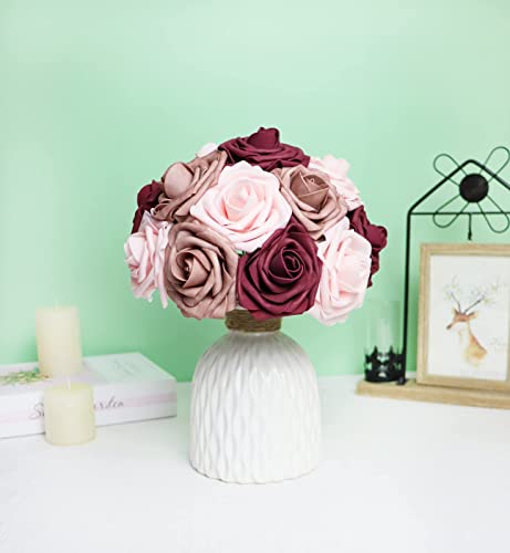 Artificial Flowers 50PCS Real Looking Blush & Dusty Rose & Burgundy Fake Roses with Stem for DIY Wedding Bouquets Centerpieces Baby Shower Party Home Decorations - color: Blush&dusty Rose&burgundy, size: 3"/50pcs