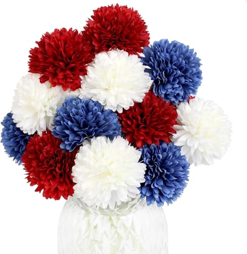 12Pcs Faux Chrysanthemum Flowers 4th of July Patriotic Flower Decor Artificial Mums Memorial Day Fake Ball Flower Home Event Table Centerpieces DIY (White & Red & Blue, 12pcs) - color: White，red，blue （12pcs）