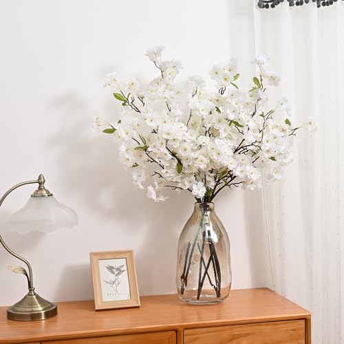 Sunm Boutique White Cherry Blossom Flowers, Artificial Cherry Blossom Decor Faux Cherry Blossom Branches Vase Arrangements for Wedding Home Party Kitchen Decor, Set of 3 - color: White With Leaves, size: Pack of 3