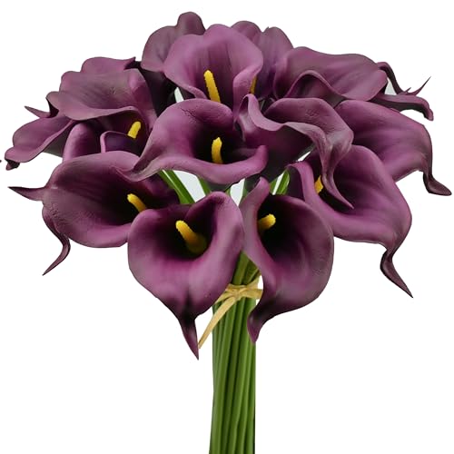 Mandy's 20pcs Grape Purple Calla Lily Artificial Flowers | 13.5 Inch PU Realistic Bouquet for Vase Elegant Home Decor Centerpiece Wedding Bridal Bouquet Table Decoration - color: Grape Purple