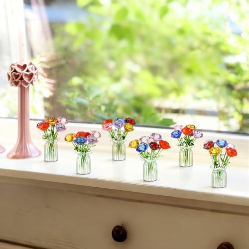 FoldTier 42 Pcs Mini Glass Flower Decoration Hand Blown Glass Flower Figurines Collectible Ornaments with Vase for Mothers Day Birthday Table Centerpiece Garden DIY Craft(Roses) - style: Roses