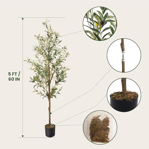 Artificial Fake Olive Tree 5FT Tall 1Pack Faux Silk Olive Tree for Home Living Room Office Decor Faux Artificial Plants Indoor Fake Potted Plants with Fruit & Free Moss - size: 5ft