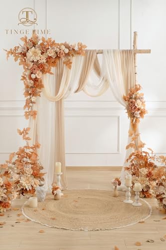TINGE TIME Wedding Arch Flowers Kit - Deluxe 5pcs Artificial Floral Swag with 3 Sheer Drapes, Realistic Silk Flower Arrangements for Wedding Ceremony Arbor Backdrop Reception Party Home Decor - color: Burnt Orange & Champagne