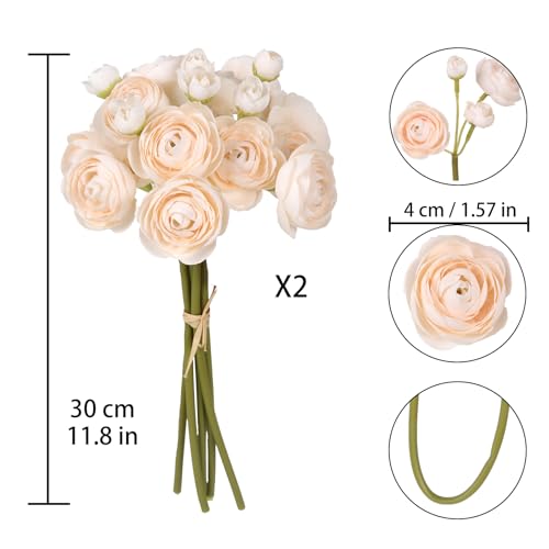 IPOPU Ranunculus Artificial Flowers 2 Bouquets Mini Cream Fake Flowers 12PCS Small Faux Ranunculus Decorative Flowers for DIY Wedding Bouquet Bridal Shower Filler Flowers Decorations (Cream) - color: Cream