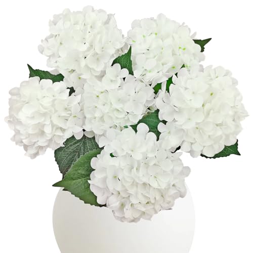 6PCS White Hydrangea Artificial Flowers, Bulk Silk Fake Flower with Stems, Faux Hydrangeas Bouquets for Home Décor, Wedding, Party, and Office Table Centerpieces. - color: White