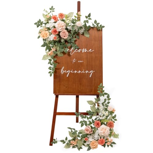 Ling's moment 2pcs Wedding Flowers Garland Artificial Floral Swag Arch Decorations Greenery Arrangements Blush & Pink Ceremony Reception Garden Easel Wall Entryway Outdoor Board(NOT Include Sign) - color: Blush Garden