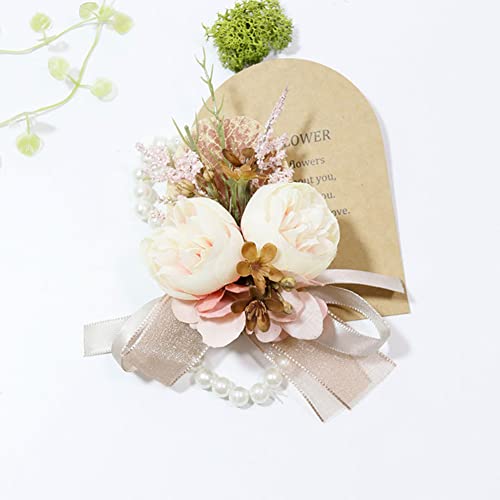 MAFELOE Wrist Corsage & Boutonniere Set, Creamy+Brown+Pink, 2 Pieces | Artificial Flowers, For Groom Bride Groomsmen Bridesmaids, Wedding Party Prom Suit Accessories