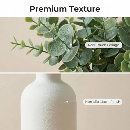 12" Artificial Sage Eucalyptus Stems Potted Plant - Realistic Small Fake Desk Plants for Office Home Decor, Faux Plants in Frosted Ceramic Vase for Indoor Spaces, Table Decor（7 pcs） - color: Sage Green Eucalyptus