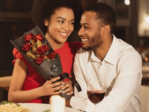 WOORI Gold Rose Bouquet – Elegant Gold-Plated Artificial Roses in Luxury Gift Box for Her, Anniversary, Valentine’s Day, Birthday