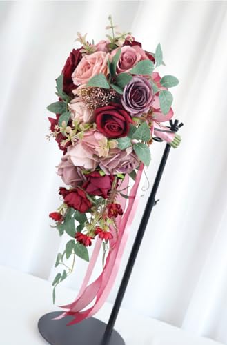 9.1 Inch Cascading Bridal Bouquet Waterfall Cascade Bridal Wedding Bouquet for Bride with Artificial Rose Flower Ribbon Rustic Burgundy Mauve and Pink - color: Burgundy, Mauve & Pink