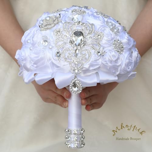 Bridal Wedding Bouquet Round Bling Brooch Bouquet Artificial Rose Flower Bunch for Bride Bridesmaid Wedding Quinceanera(White, 8.7") - color: White, size: Medium (Dia. 8.7"/22cm)