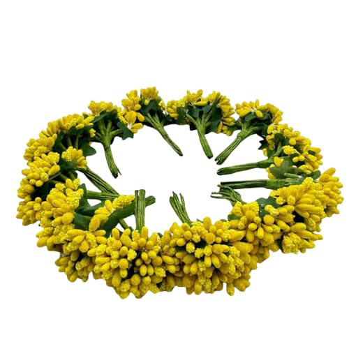 Yellow Artificial Mini Flower Stamen Pistil and Soft Stem, 20mm Tiny Berry | 144pcs Mini Flower Stamens,Pistils for Make Bridal Hair Clips,Cake Top, Wrist Corsage Boutonniere,Candle Rings Wreath Flower - color: Yellow