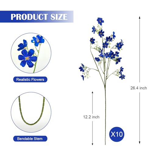 10 PCS Silk Flowers with Long Stems Artificial Flower for Tall Vase Outdoors Fake Babys Breath Bouquet Faux Floral Wedding Party Decoration Home Indoor Table Centerpiece Decor (Blue) - color: Blue