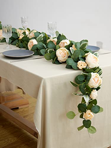 MISSPIN 2pcs Artificial Flowers Garland Spring Eucalyptus Garland Vintage Fake Flower Peony Rose Vine Greenery Decorative Wall Hanging Plant for Wedding Arch Door Arrangement Party Decor - color: Light Champagne-2