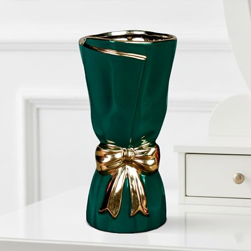 Green Ceramic Vases Home Decor, Tall Modern Vase for Pampas Grass,11 Inch Bow Flower Vase for Console Table, Entryway, Mantle Decor, Fireplace Decorations for Living Room - color: Dark Green, size: 11 inch