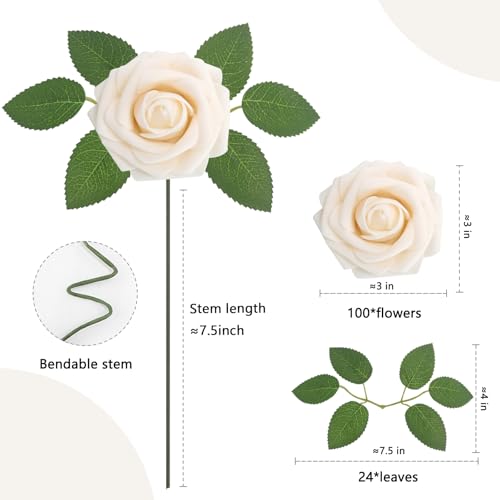 100PCS Champagne Realistic Roses - Artificial Latex Foam Flowers with Bendable Stems & 24PCS Leaves for Wedding, Home and Party DIY Decor - color: Champagne, size: 100