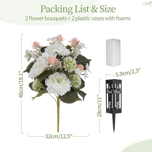 White Artificial Flowers for Cemetery: 2 Pcs Peony Grave Flower Bouquets for Cemetery Decorations - Outdoor Gravesite Flowers with Vase - color: White