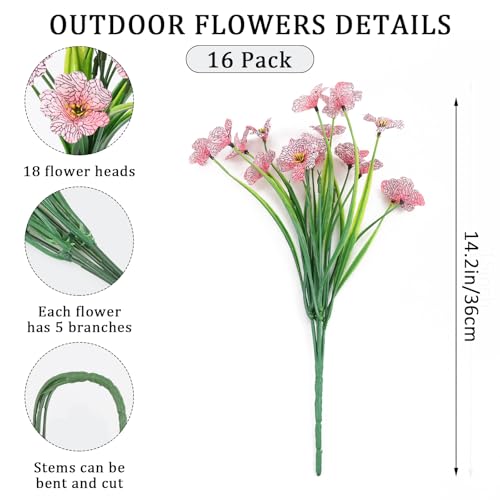 16 Bundles Artificial Flowers for Outdoors Fake Pink Flowers Faux Plants for Indoor Outside Garden Porch Window Box Hanging Planters Home Farmhouse - color: Pink, size: 15inches-16pcs