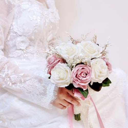 9 Inch Dusty Pink Wedding Bouquets for Bride Bridesmaid, Artificial Fake Roses Flowers Champagne Ivory Pastel Pink Bridal Bouquet Spring Fall Boho Rustic Wedding Decoration Toss Bouquet Prom - color: Dusty Pink