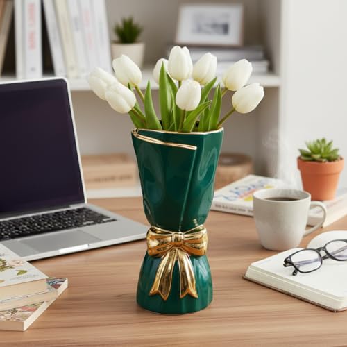 Modrn Ceramic Vase with Bow - 10 inch Green Vases Home Decor, Glazed Centerpiece Vase for Kitchen and Coffee Table, Shelf, Fireplace, Outdoor Table Decor - color: Dark Green, size: 10 inch