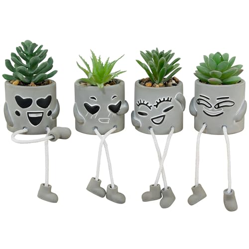 4 Pack Artificial potted Succulent Plants with Hanging Legs, Fake Mini Succulents in Pots, Faux Small Plants for Office Desk, Kitchen, Bathroom, Home Shelf Decor, Funny Office & Home Decor Accents - color: 4small-smile-green