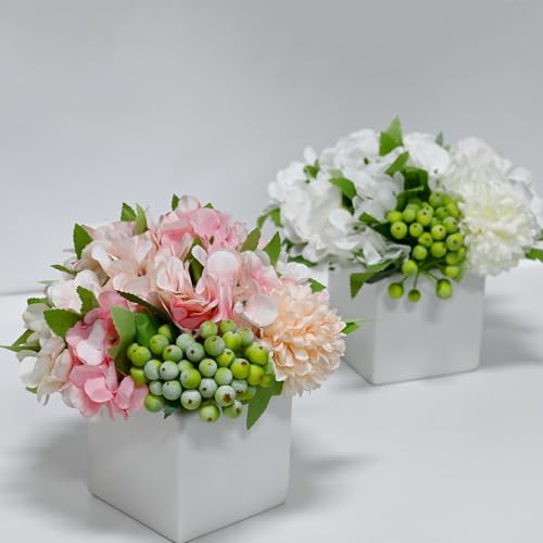 Artificial Flower Arrangement in Ceramic Vase Pink Hydrangea Home Decor | Artificial Pink Hydrangea Potted Flowers with White Vase, Fake Peony Green Berry Floral Decor for Home Office Wedding Table - color: Pink Hydrangea
