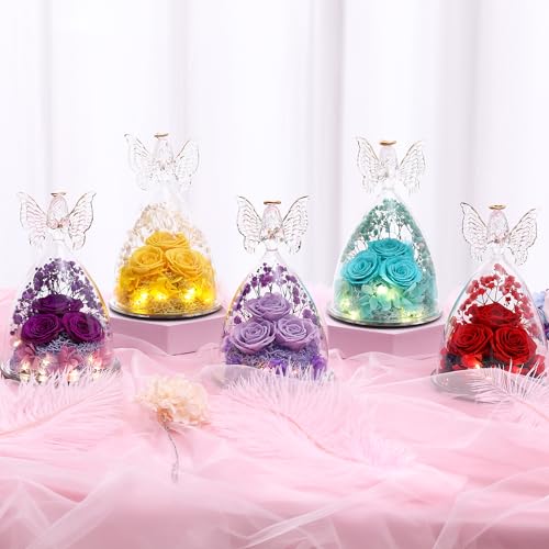 Mothers Day Rose Gifts for Women Preserved Real Flower in Glass Angel Figurines Roses for Delivery Prime Birthday Gifts for Mom Grandma Girlfriend Wife Her, Yellow - color: Yellow