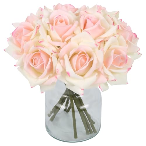 IPOPU Fake Roses,2 Bouquets 10PCS Real Touch Roses Artificial Flowers Faux Roses with Stems for Wedding Party Home Table Centerpieces Decoration(Pink Edge) - color: Pink Edge