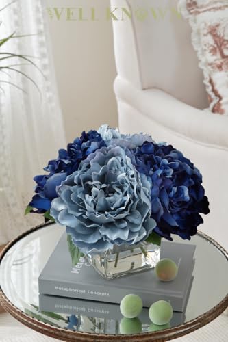 Artificial Peonies Flowers Arrangements in Cube Glass Vase, WELLKNOWN Silk Flower Centerpieces for Dining Room Table, Coffee Table Decor, Faux Peony Flowers with Faux Water (Bicolor Blue) - color: Bicolor Blue