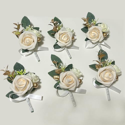 6PCS White Boutonniere for Men, Ivory Boutonniere Pins for Men Groomsmen Guest Boutonniere, Artificial Flowers for Wedding Decor Prom Homecoming - color: Ivory