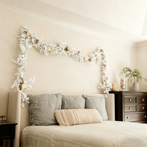 CQURE 2Pack Eucalyptus Garland,Artificial Eucalyptus Leaves Flowers Table Greenery Garland Wreath Vines for Wedding Party Fireplace Bedroom Room Decor - size: 17.7 Ft with Flowers -White