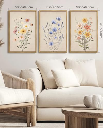 PHOPAGO Vintage Wildflower Bouquet Framed Wall Art Large 16x24in Botanical Flower Wall Decor Modern Colorful Floral Living Room Bedroom Hanging Decor - Natural Framed - color: Multicolour Floral, size: 24L" x 16W" x 3 Pcs Natural