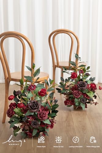 Ling's moment 17.5" Tall Free Standing Artificial Flowers Arrangements 2 pcs Wedding Aisle Runner Chair Decorations Bordeaux Red Centerpieces for Ceremony Reception Rose Floral Floor Party Outdoor - color: Red-bordeaux Red