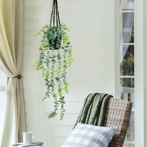 LOYWREE Fake Hanging Eucalyptus Plants Small Potted Long Vine Plants Indoor for Vintage Boho Farmhouse Bathroom Office Desk Wall Shelf Room Aesthetic Decor (Black Pot) - color: Eucalyptus, size: 1Pack