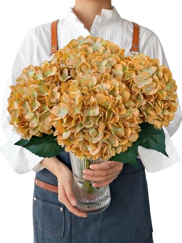 JINWOE Real Touch Vintage Artificial Hydrangeas, 4PCS 21" Large Boho Fall Faux Hydrangea Flowers, Fake Flowers for Wedding Bouquet Centerpieces Tables Party Home Baby Showers（Orange） - color: Orange