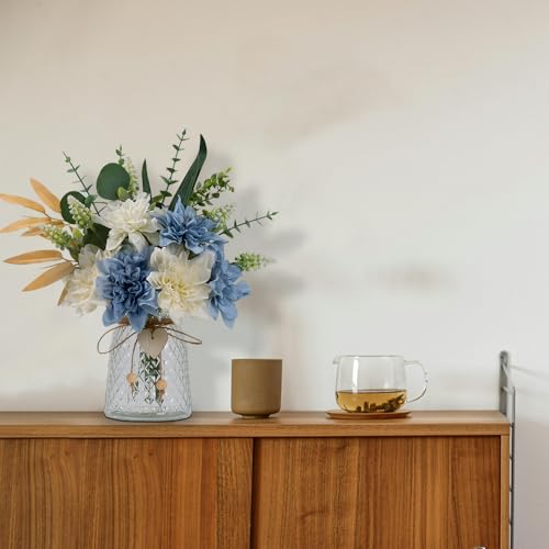 Fake Flowers with Vase Silk Flowers in Vase Dahlia Flowers Arrangement Suitable for Home Office Decoration, Dining Table Centerpiece (Dahlia-White Blue) - color: Dahlia-white Blue