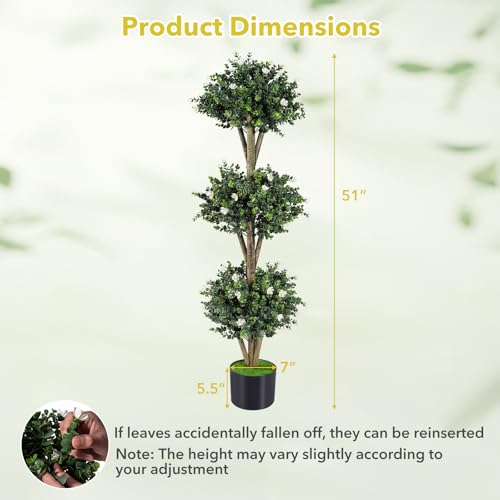Goplus 51" Artificial Triple Ball Boxwood Topiary Tree, Faux Bush Plant with 59 Blossoms, Cement-Filled Plastic Pot, Sun-Resistant Indoor Outdoor Fake Greenery for Porch Home Decoration Housewarming - color: White