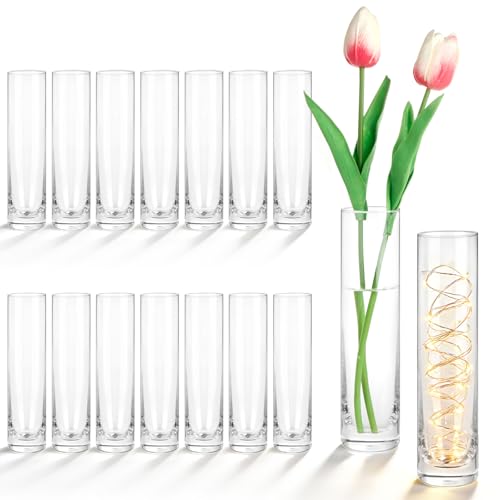 Set of 16 Glass Cylinder Bud Vases for Centerpieces, 7.5” H x 1.8” W, Small Flower Vases, Handmade Slim Vase, Single Rose Vase for Wedding Events Home