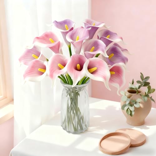Purple in White Calla Lily 4Pcs Artificial Flowers Bouquet for Wedding Bride Shower Blessing Gift Home Decoration Faux Calla Lilies Flower - color: Purple in White