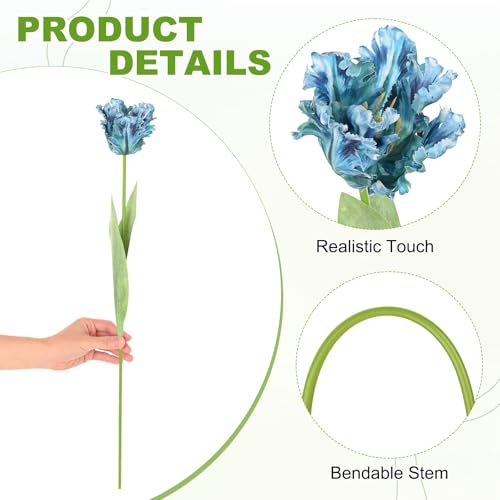 M METERXITY 3-Pack Blue Artificial Parrot Tulip Flowers,27 Inch Faux Parrot Tulip Silk Bouquets Real Touch Faux Flowers for Home/Wedding/Christmas/Party - color: Blue