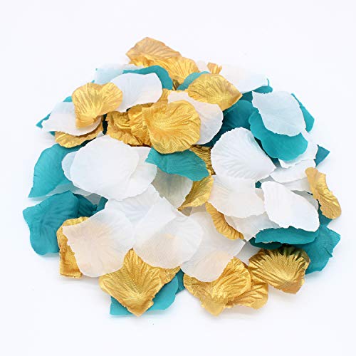 2NDTONONE 900PCS Teal Gold White Silk Rose Petals Turquoise Aqua Artificial Flower Petals for Wedding Party Table Confetti Aisle Runner Flower Girl Bridal Shower Hotel Home Vase Decoration