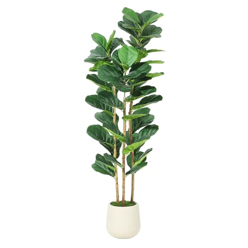 Garvee Artificial Fiddle Leaf Fig Tree with White Planter, 5 ft Tall Fake Plant with Natural Wood Trunk, Faux Ficus Tree Potted Moss for Home Office Living Room Decor - size: 5ft