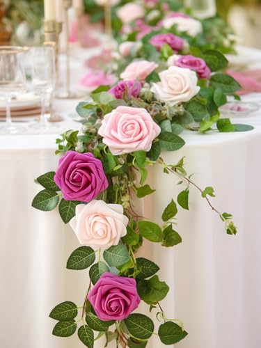 InnoGear Artificial Flowers, 50 Pcs Fuchsia Rose Foam Red-Violet Fake Roses Bulk with Stems for Decoration DIY Wedding Bouquets Centerpieces Bridal Shower Party Christmas Tree - color: Fuchsia