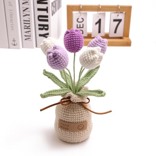 Crochet Woven Tulips with Wool,Simulation Plant Crochet Hand-Woven Flowers for Home Room Table Office Ornaments and Birthday Gifts for Family Friends Anniversary (5 Flowers-Purple) - color: Purple B, size: B