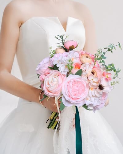 Kisflower Pink Artificial Flowers Combo Cake Flowers Decorations Fake Peony Silk Roses Gift Box for DIY Wedding Bridal Bouquet Centerpieces Arrangements Party Baby Shower Holiday Decor (Pale Pink) - color: Pale Pink